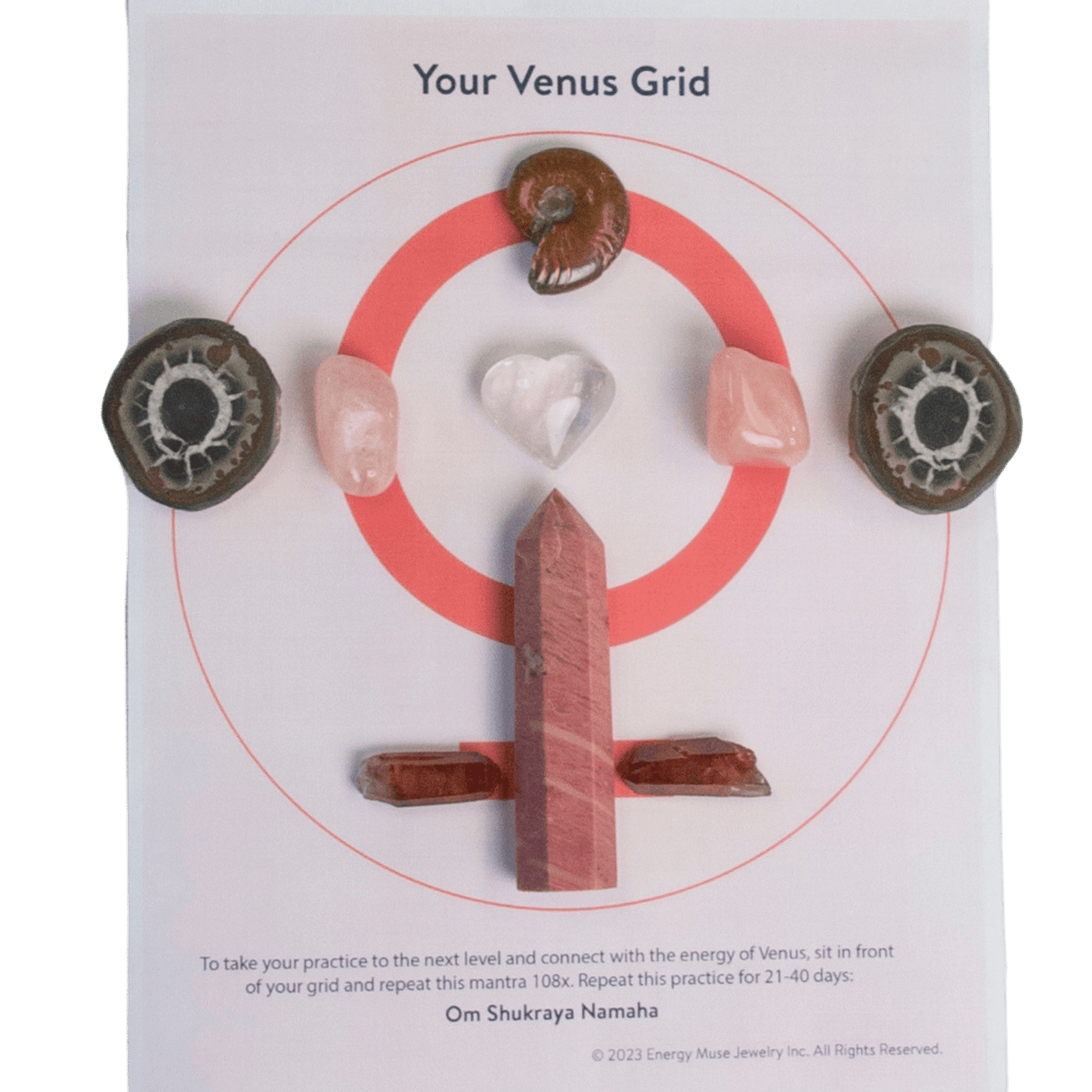 Venus crystal grid by Energy Muse featuring a Fire Ammonite, 2 Septarian Nodules, 2 Rose Quartz tumbled stones, 1 Clear Quartz heart crystal, 2 Red Phantom Quartz stones and 1 Rhodonite Point on printed Venus Grid diagram. 