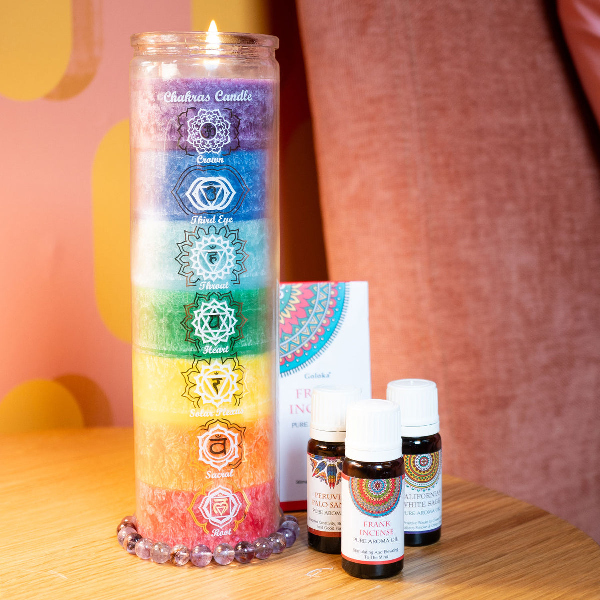Frankincense Aroma Oil, Palo Santo Aroma Oil, Sage Aroma Oil, Chakra Candle, Super Seven bracelet - Energy Muse