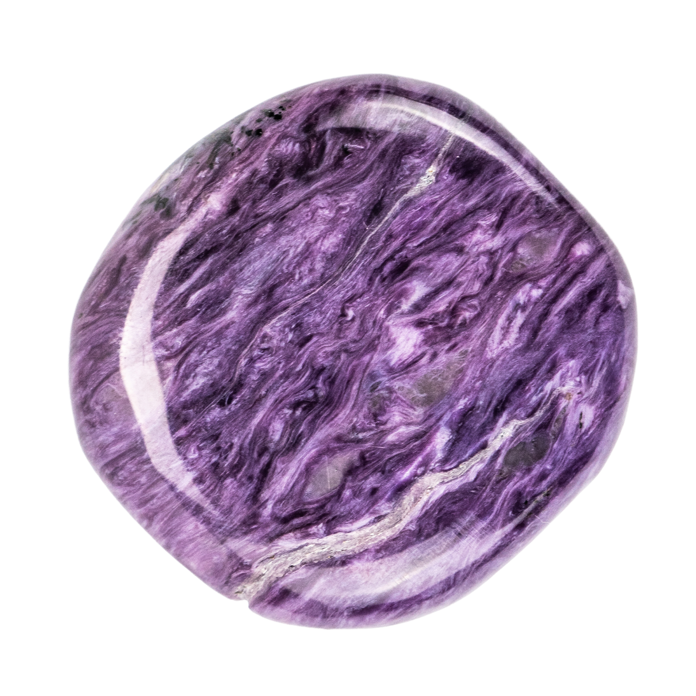 Close up view of swirled purple genuine Charoite crystal stone by Energy Muse.