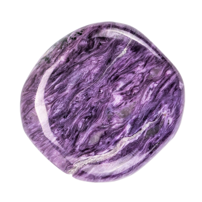 Close up view of swirled purple genuine Charoite crystal stone by Energy Muse.