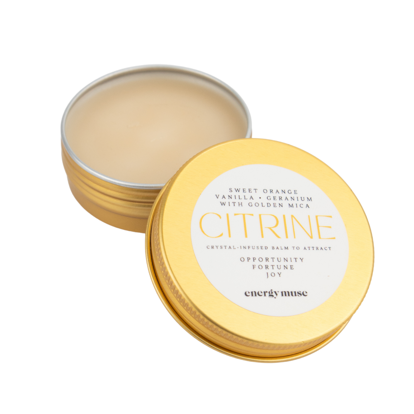 open gold tin of citrine lip balm by Energy Muse
