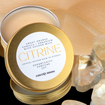 close up of up citrine lip balm with genuine citrine stones by Energy Muse