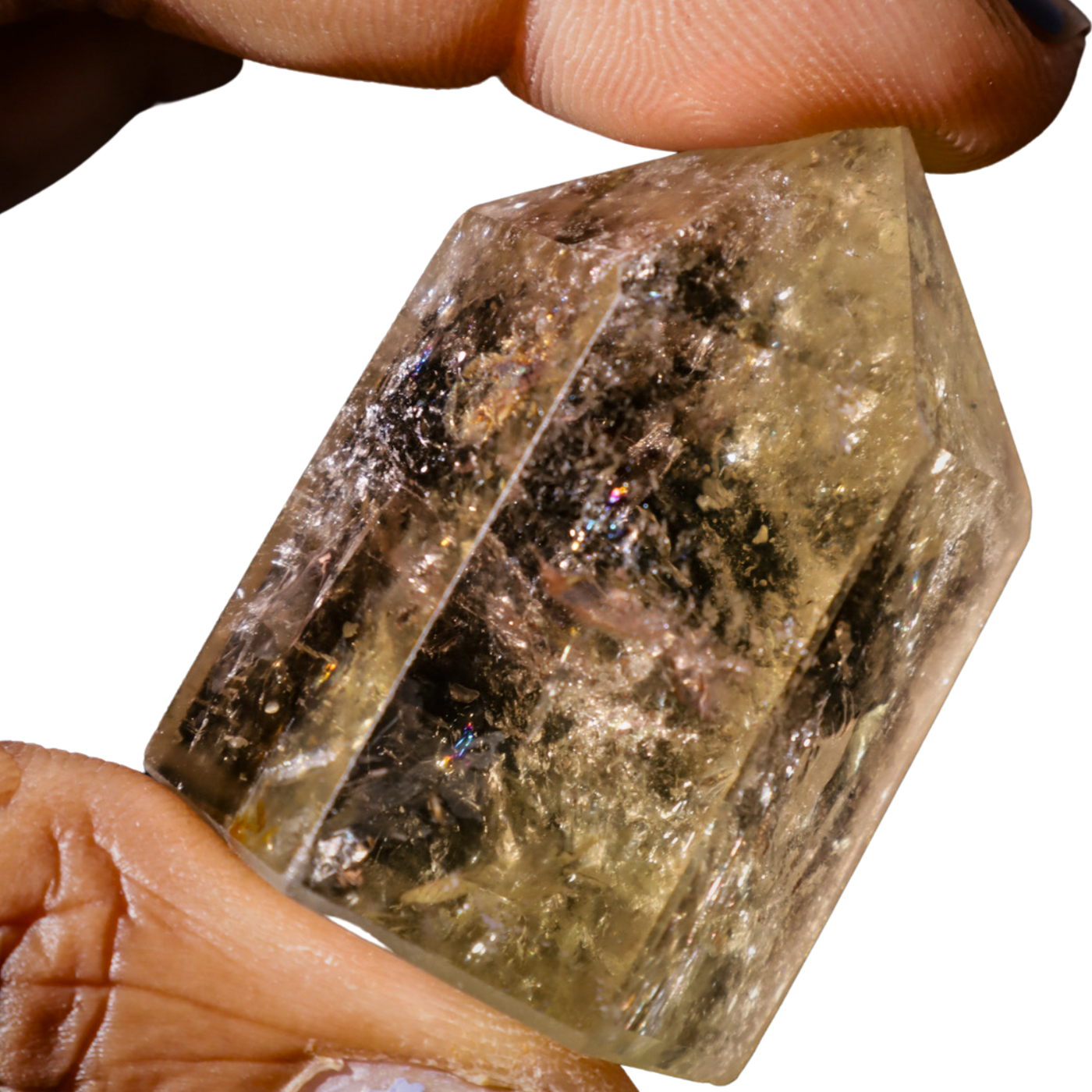 Black woman holding small natural untreated Citrine crystal point by Energy Muse