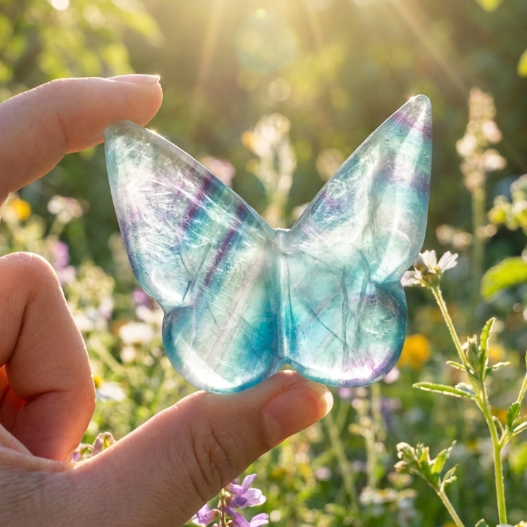 A hand holds a translucent blue and purple butterfly-shaped glass or resin ornament in a sunlit wildflower meadow.