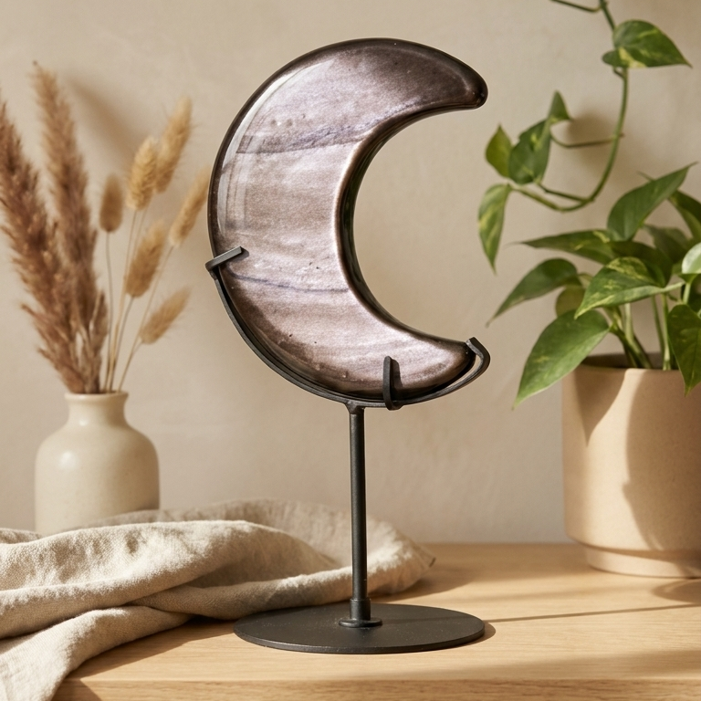 Silver-sheen Obsidian Moon on Stand
