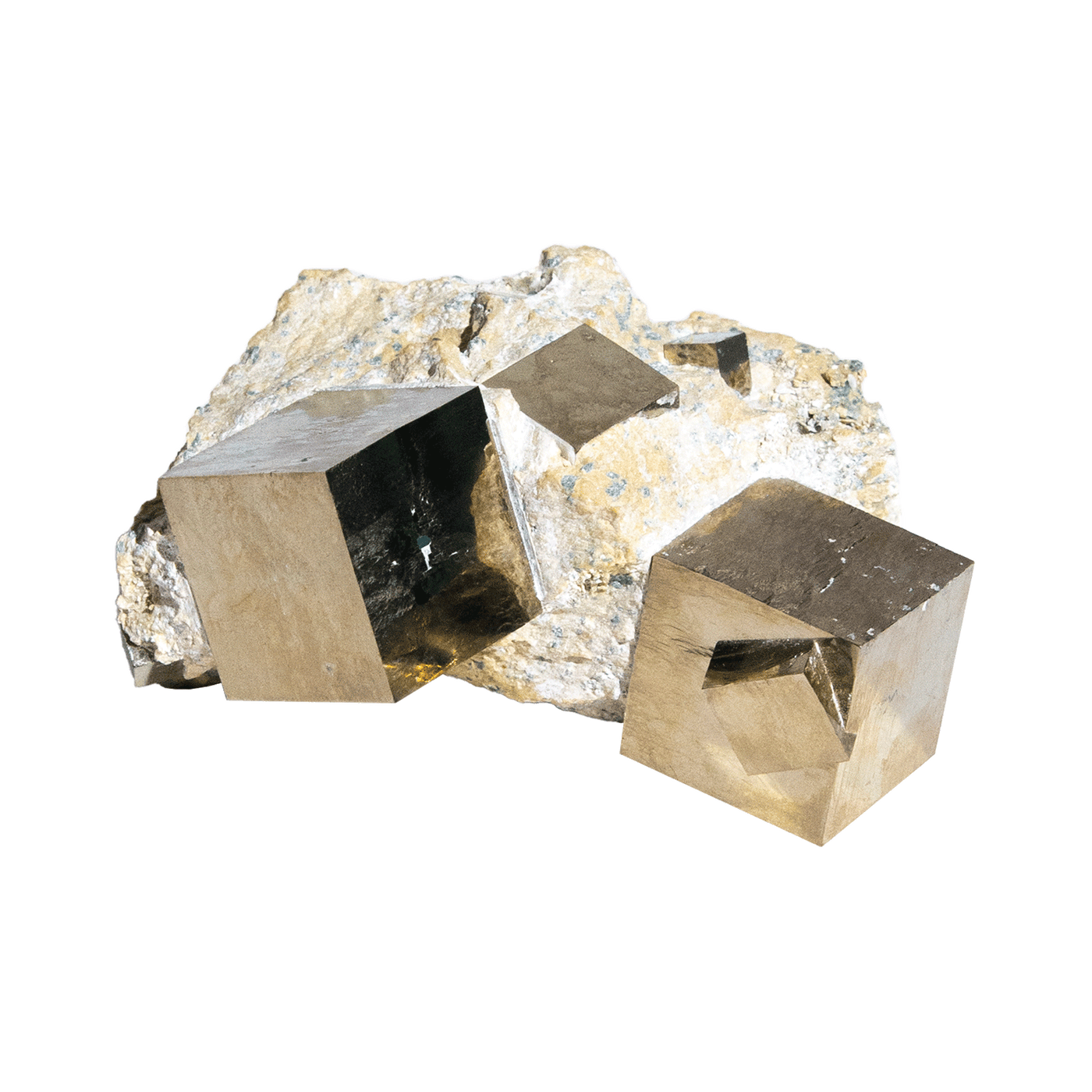 Large specimen-grade product view of small natural pyrite cube in matrix from Spain by Energy Muse