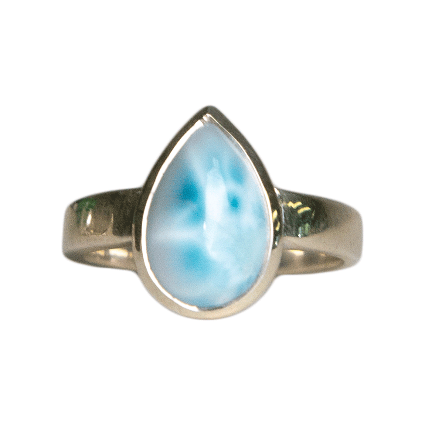 product view of genuine Larimar teardrop shaped crystal ring in sterling silver band by Energy Muse