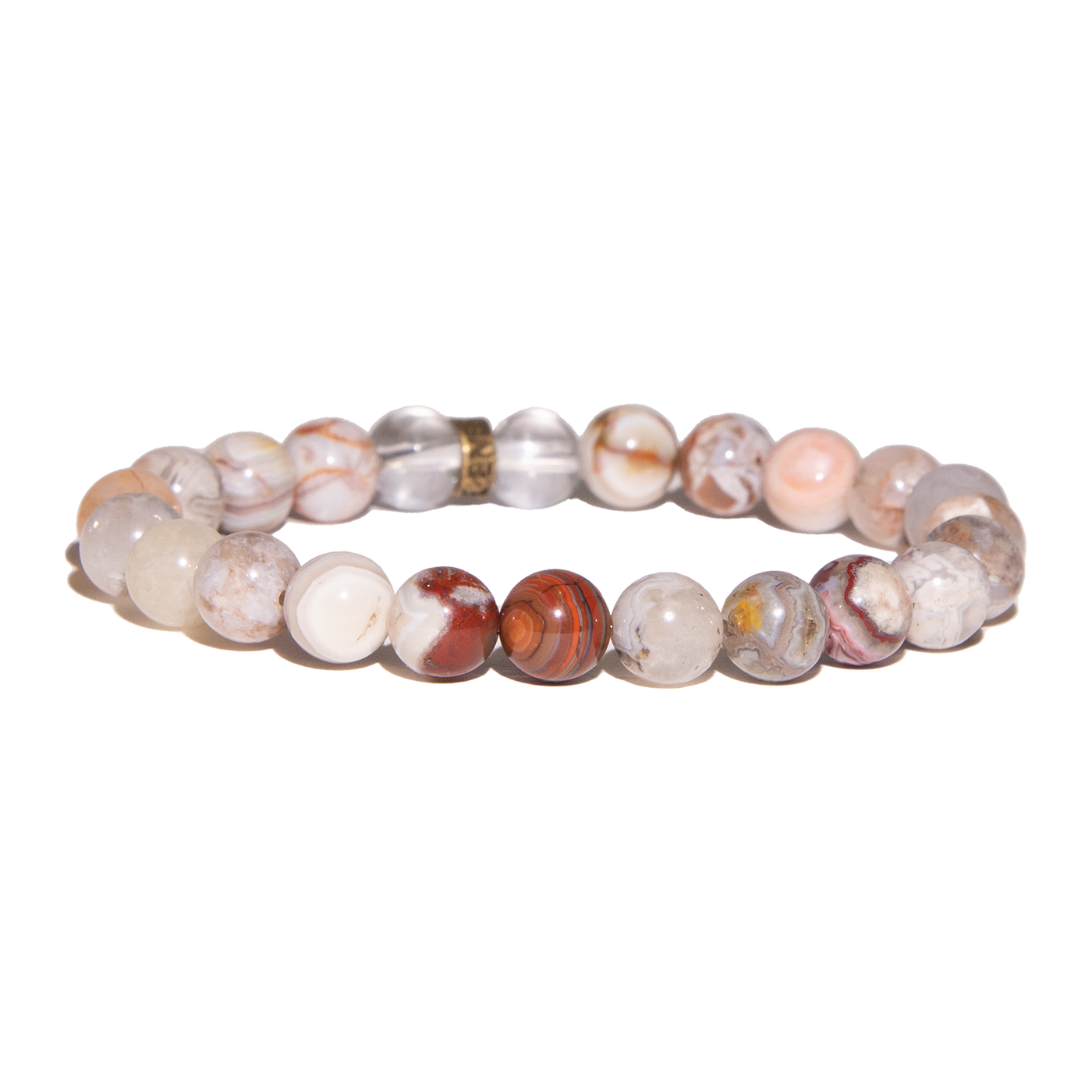 close up view of mexican laguna lace agate crystal stretch bracelet by Energy Muse