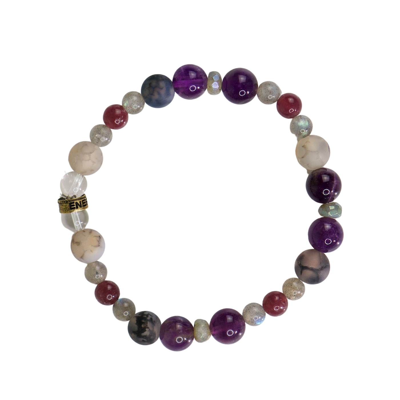 Overhead view of new exclusive crystal formula Miracles Bracelet by Energy Muse featuring Amethyst, Lepidolite, Web Agate, Labradorite, and Aura Gray Moonstone and finished with engraved Energy Muse rondelle bead and two Clear Quartz charging beads.