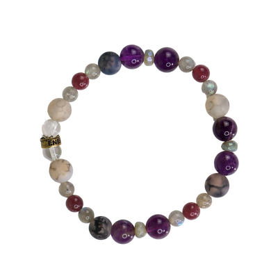 Overhead view of new exclusive crystal formula Miracles Bracelet by Energy Muse featuring Amethyst, Lepidolite, Web Agate, Labradorite, and Aura Gray Moonstone and finished with engraved Energy Muse rondelle bead and two Clear Quartz charging beads.