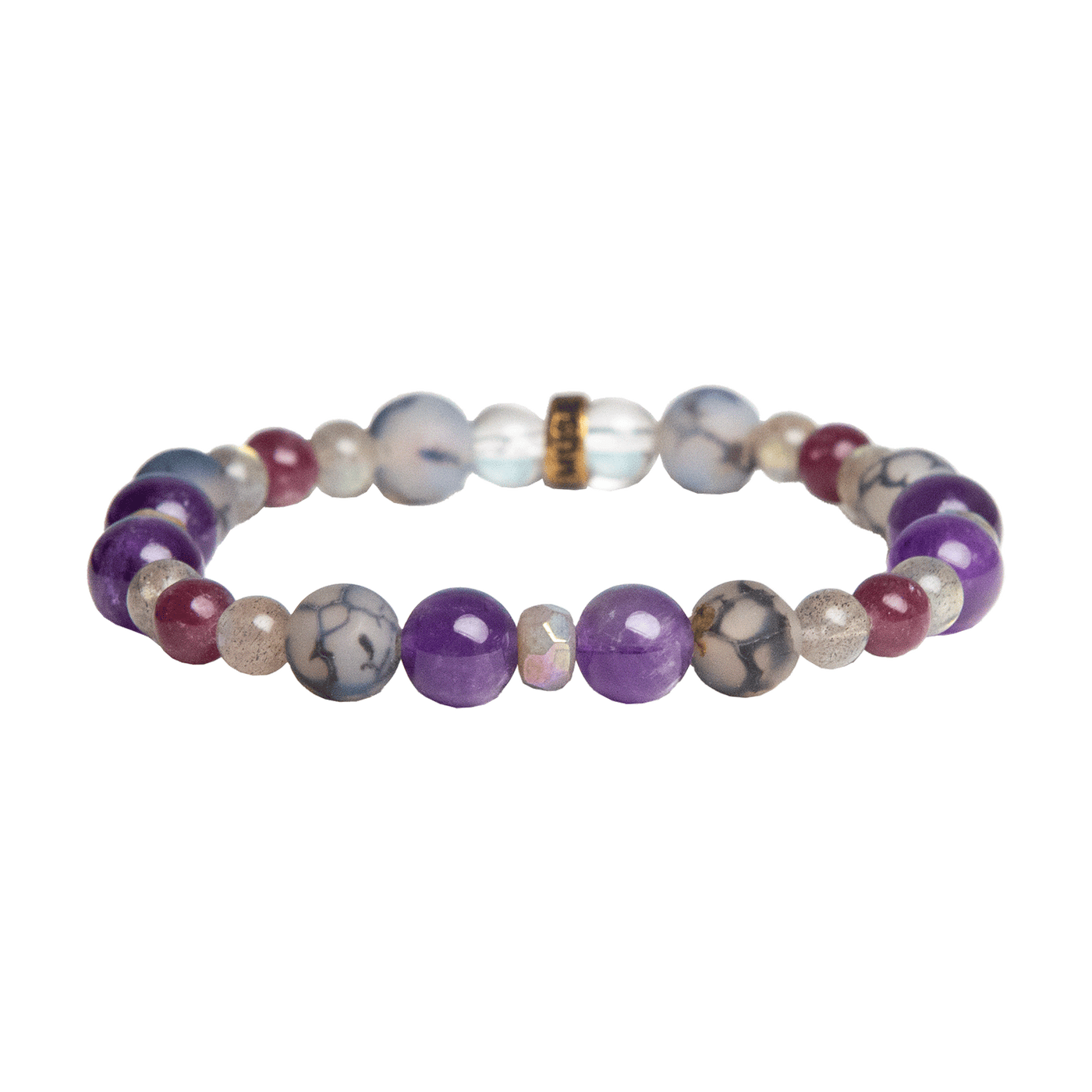 side view of new exclusive crystal formula Miracles Bracelet by Energy Muse featuring Amethyst, Lepidolite, Web Agate, Labradorite, and Aura Gray Moonstone.