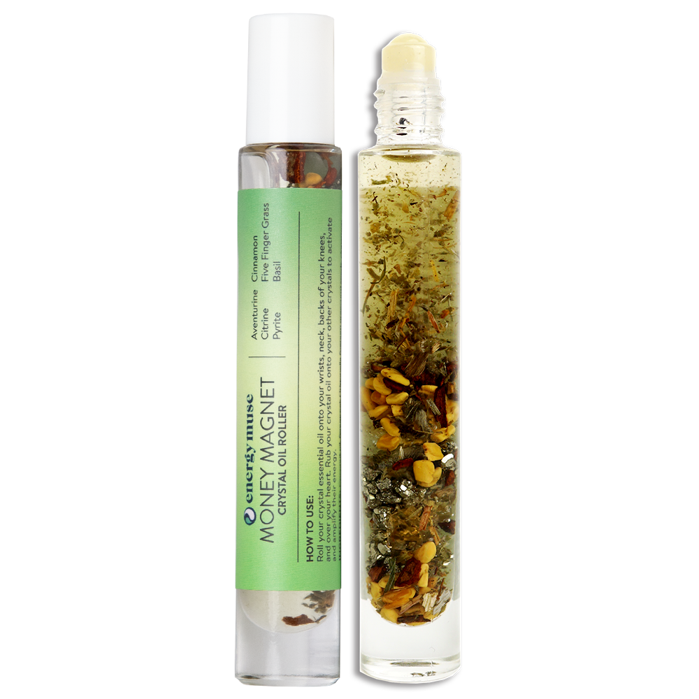 product view of Money Magnet Oil Roller by Energy Muse featuring genuine Pyrite, Aventurine and Citrine crystals, plus organic cinnamon, five finger grass and basil oils.