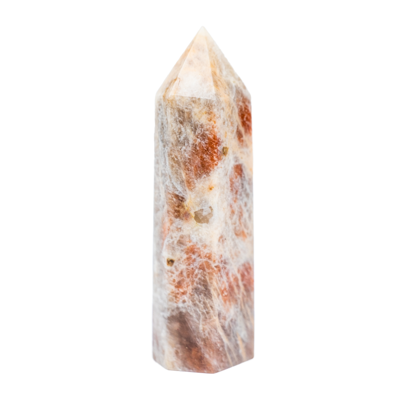 close-up view of Moonstone with Sunstone crystal point - Energy Muse