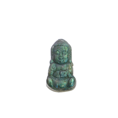 front view of small carved Buddha Labradorite crystal figurine by Energy Muse