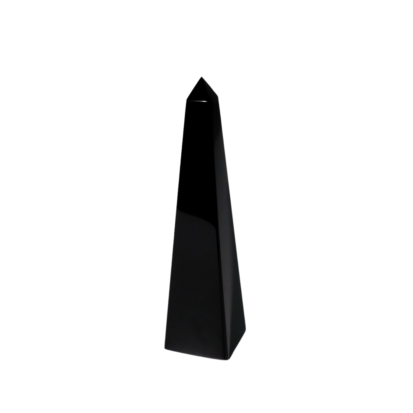 Product view of genuine Black Obsidian obelisk point crystal by Energy Muse