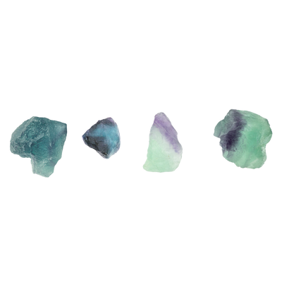 4 different raw fluorite pieces showing variety of colors, patterns and sizes by Energy Muse