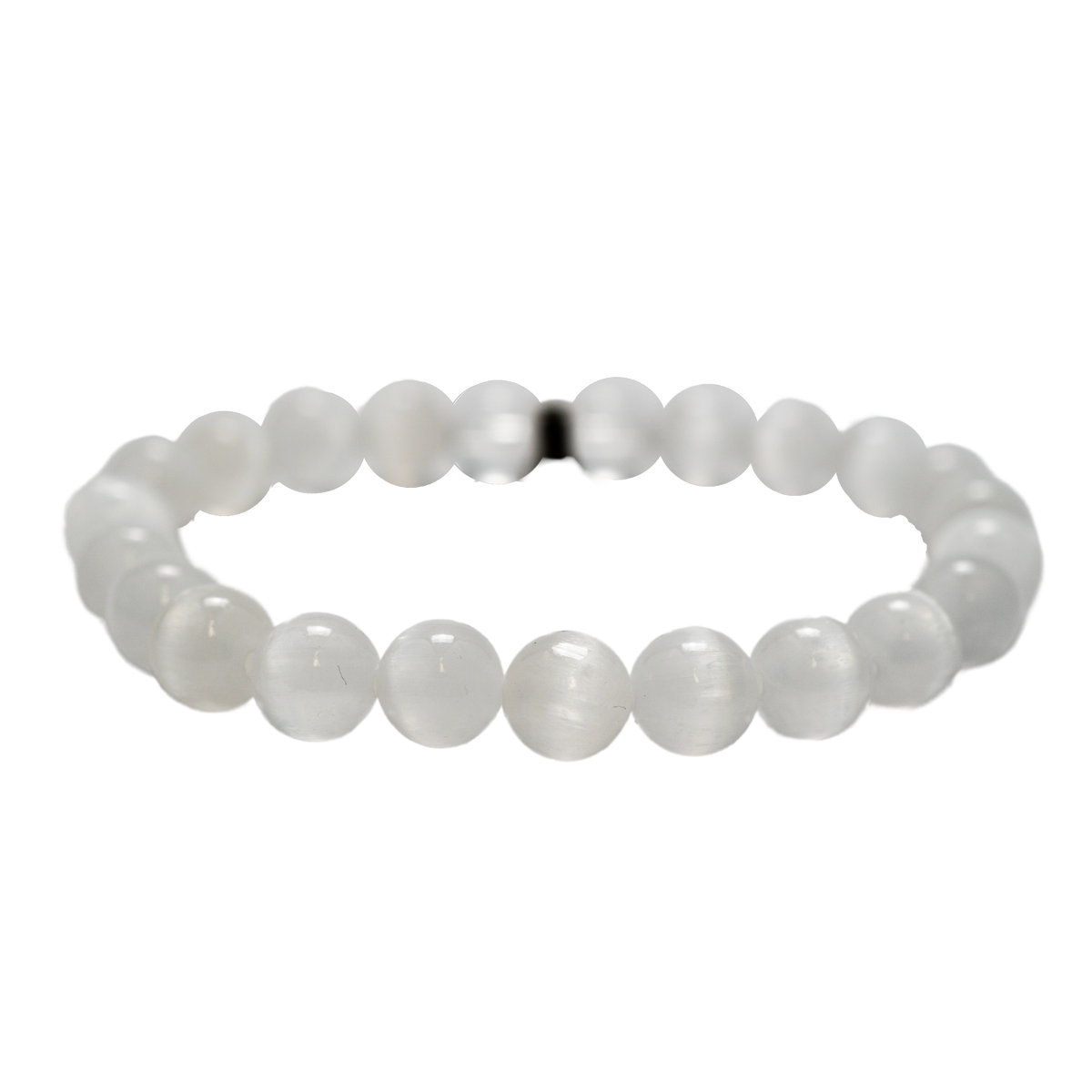 close up view of genuine Selenite stretch elastic bracelet by Energy Muse