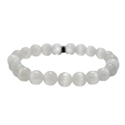 close up view of genuine Selenite stretch elastic bracelet by Energy Muse