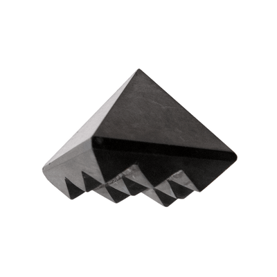 product view of genuine Shungite pyramid with unique 9-pyramid carving on the base by Energy Muse