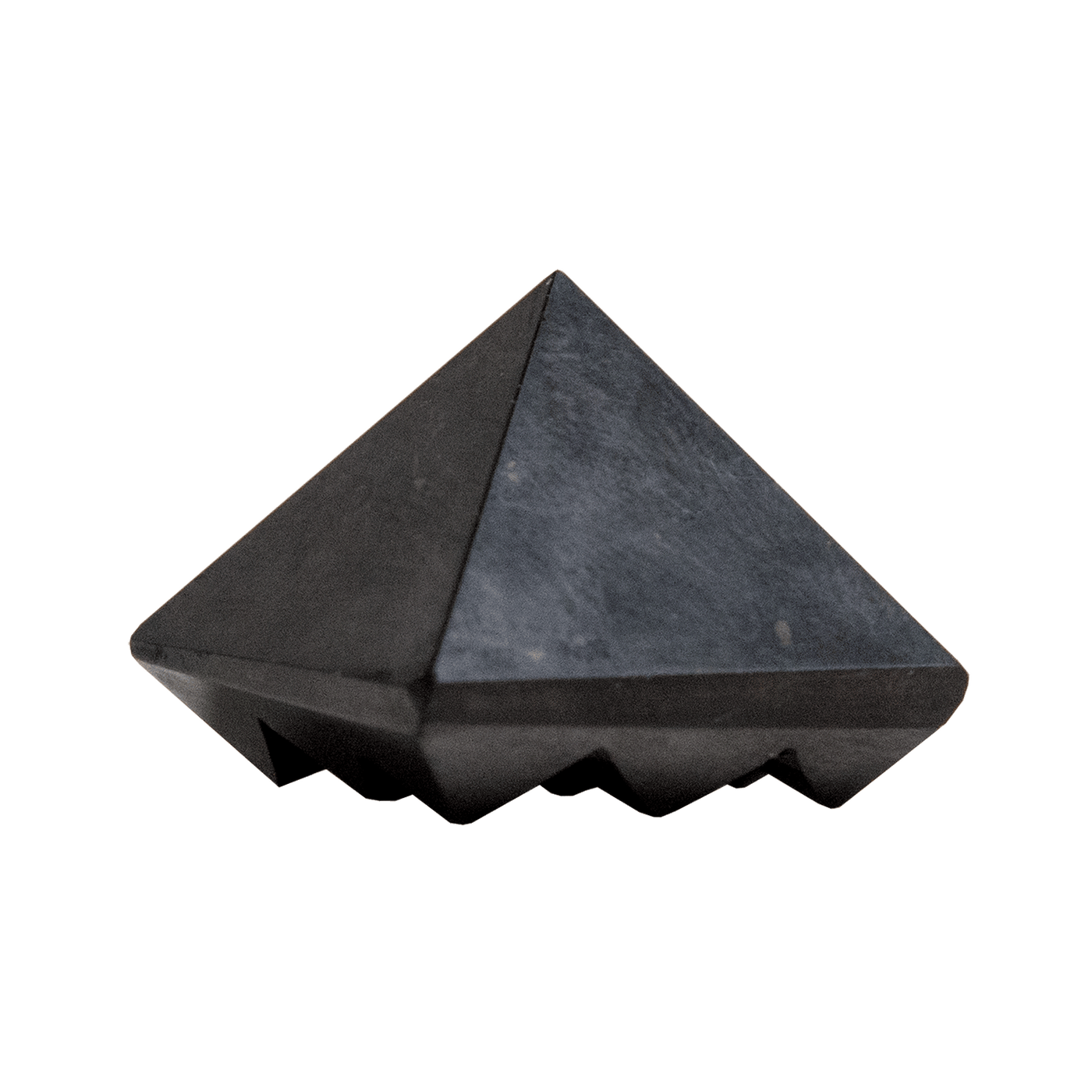 straight-on view of genuine Shungite pyramid with unique 9-pyramid carving on the base by Energy Muse
