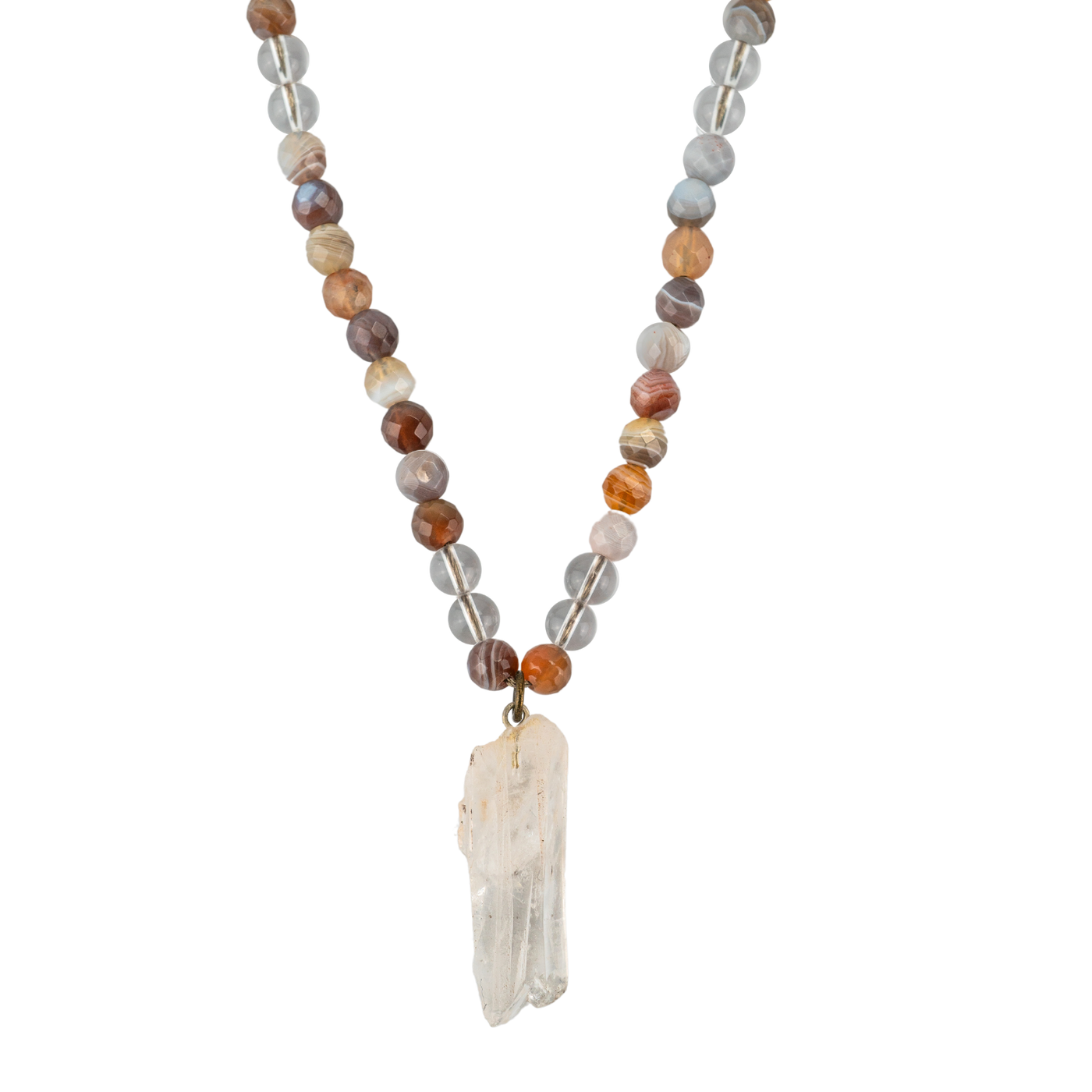 closeup view of Strength Unblocker Necklace with Botswana Agate and Clear Quartz by Energy Muse