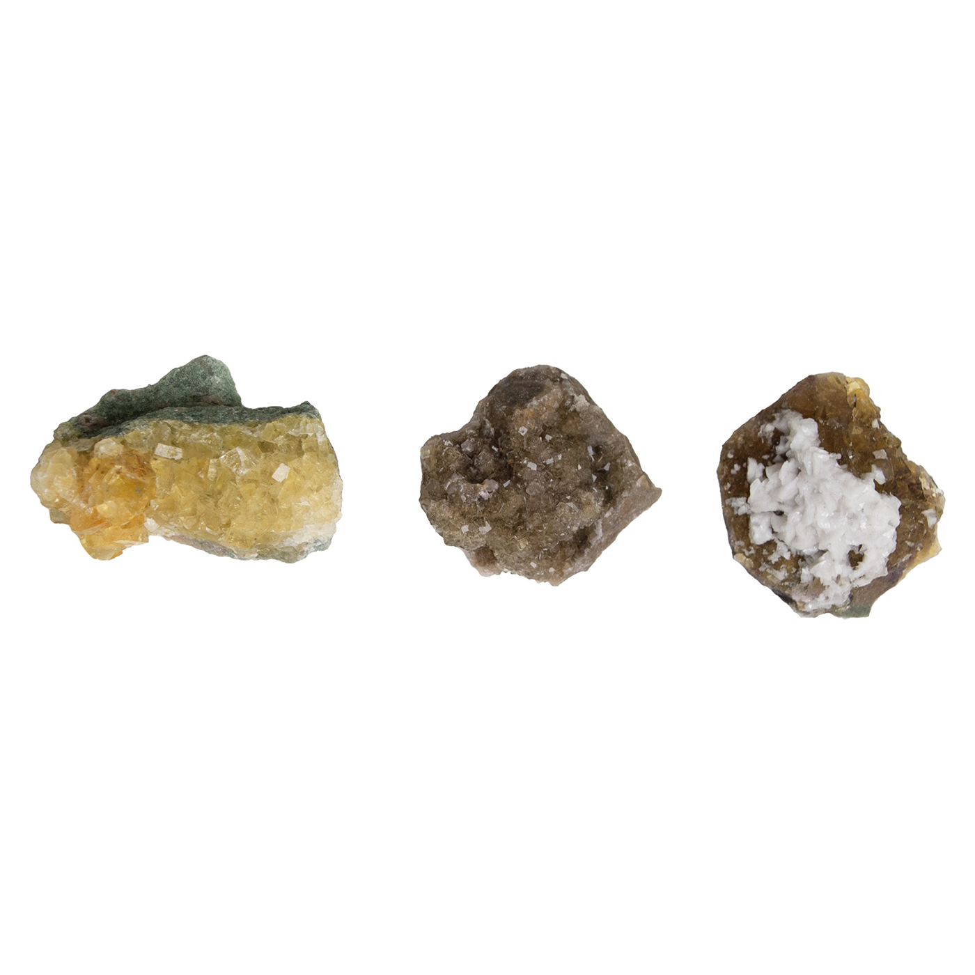 3 medium sized genuine yellow fluorite raw crystal clusters by Energy Muse showing variety of size, appearance and color.