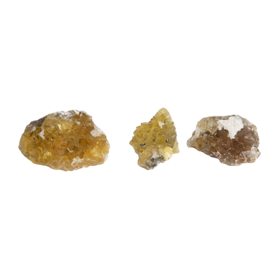 3 small genuine yellow fluorite raw crystal cluster by Energy Muse showing variety of size appearance and color.