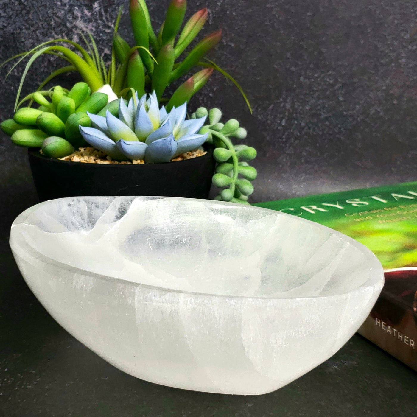 Empty large oval evil eye Selenite charging bowl by Energy Muse