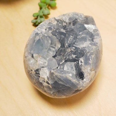 stylized closeup view of genuine Celestite semi raw geode egg shaped crystal by Energy Muse