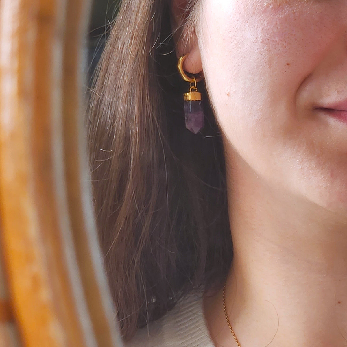 Amethyst Crystal Point Gold Earrings