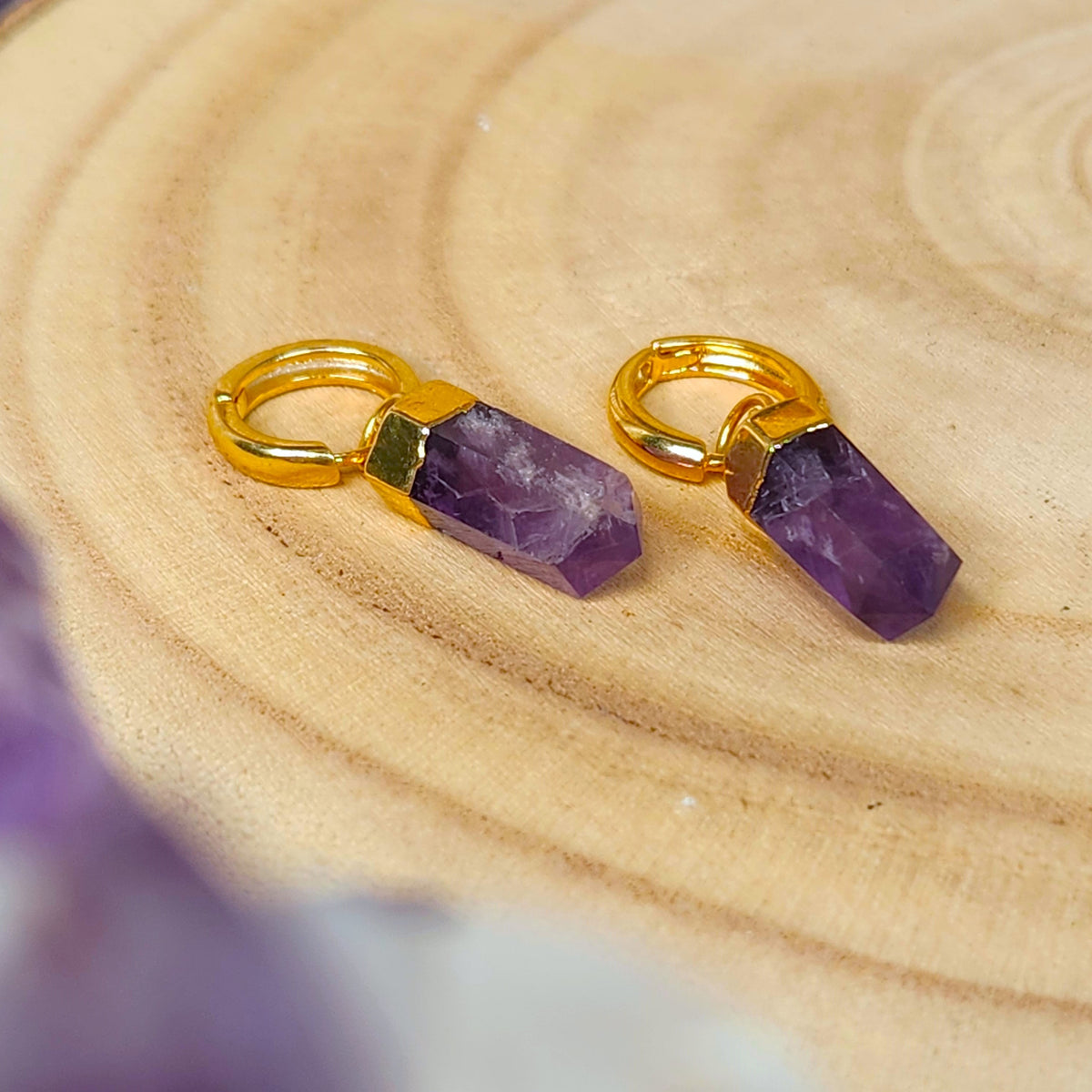 Amethyst Crystal Point Gold Earrings