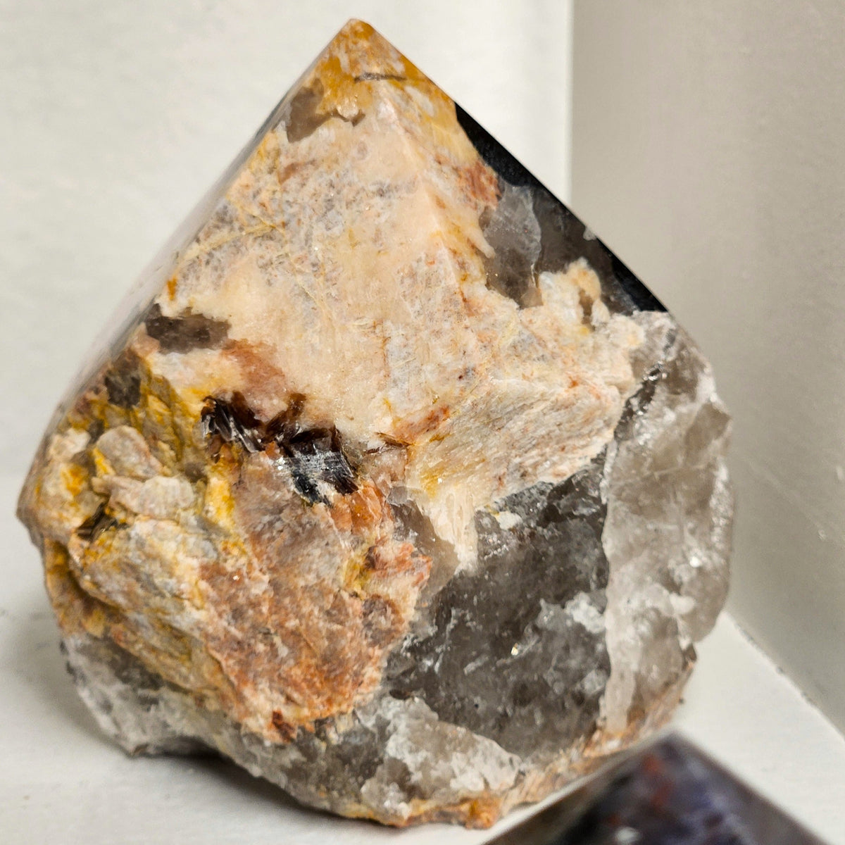 Moonstone & Tourmalinated Quartz Half-Polished Point
