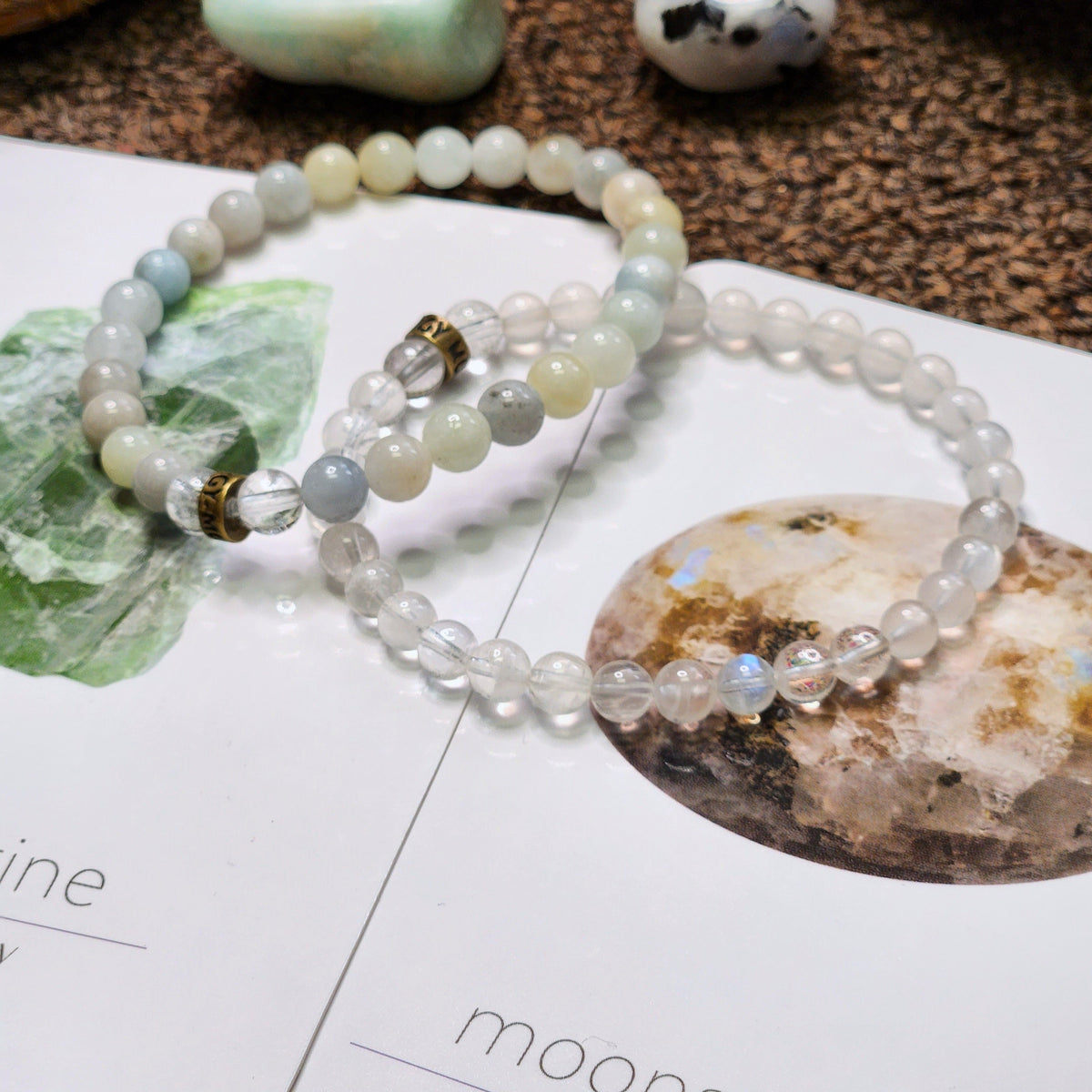 Heal Now Bracelet Duo by Energy Muse featuring a Moonstone bracelet, Aquamarine bracelet and their respective Daily Inspiration Card Deck cards by Energy Muse
