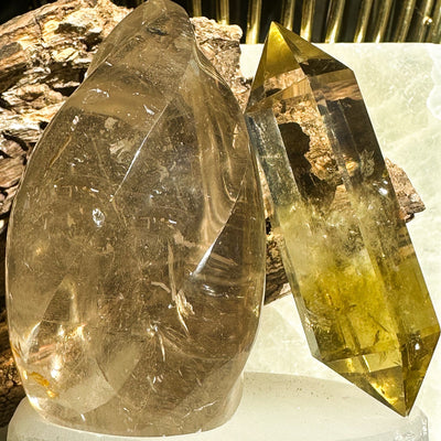 Smoky Quartz Flame carved crystal and Lemon Topaz Double Terminated Point by Energy Muse