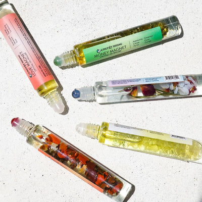 Collection of 5 essential oil rollers with genuine healing crystal chips by Energy Muse