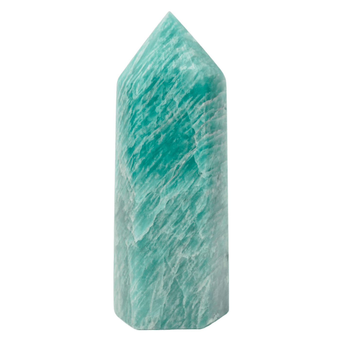 detailed view of natural Amazonite crystal pillar point by Energy Muse highlighting the water-like striations throughout the surface.