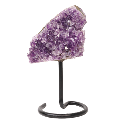 product view of genuine purple Amethyst cluster on simple black metal stand by Energy Muse