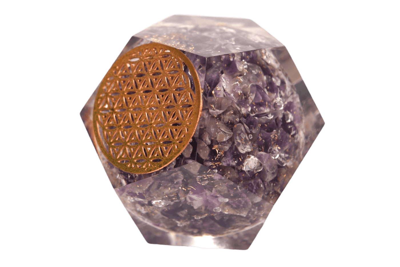 Angled view of Amethyst Orgone Dodecahedron with metal Flower of Life decor by Energy Muse