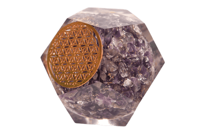 Angled view of Amethyst Orgone Dodecahedron with metal Flower of Life decor by Energy Muse