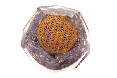 Front view of Amethyst Orgone Dodecahedron with metal Flower of Life decor by Energy Muse