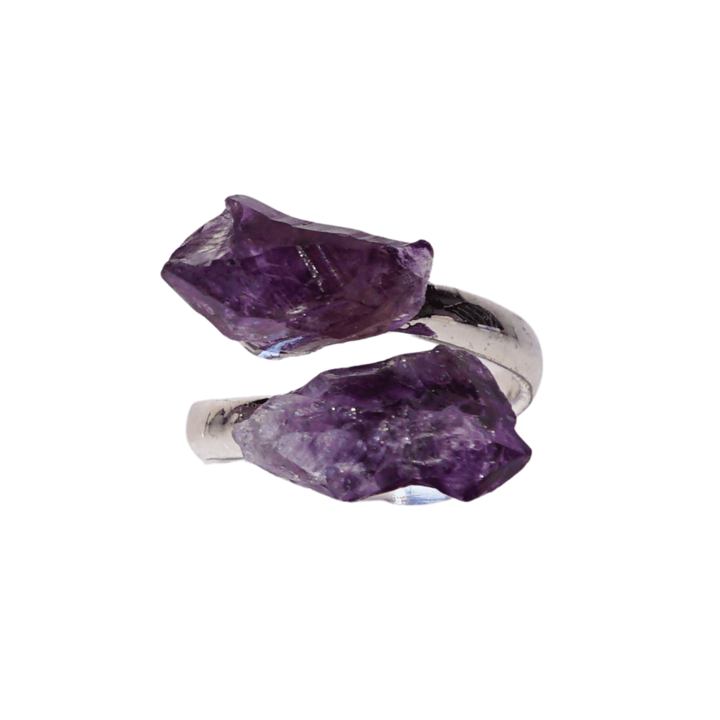 open front adjustable ring with two natural raw amethyst crystals at the tips by Energy Muse