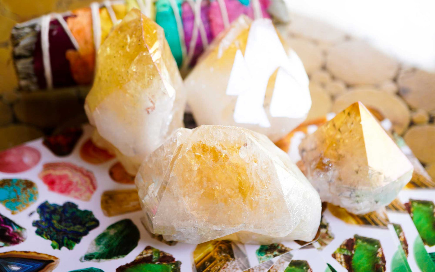 Group of 4 semi polished genuine natural Citrine point crystal with rainbow effect aura treatment by Energy Muse