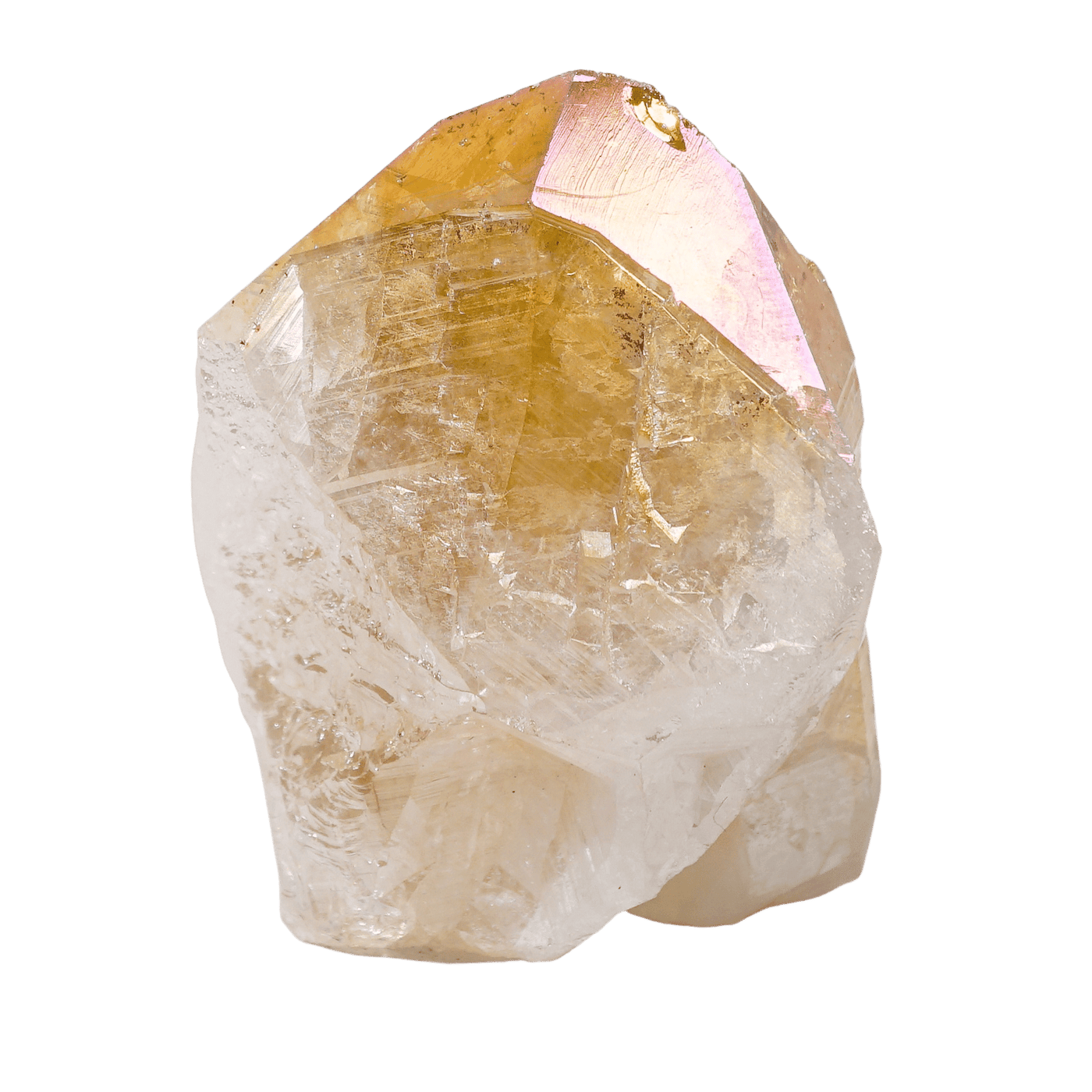 close up of semi polished genuine natural Citrine point crystal with rainbow effect aura treatment by Energy Muse