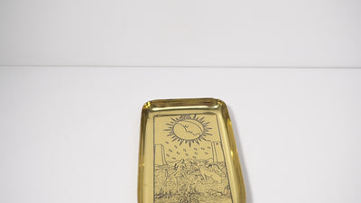 Quick product video of brass offering tarot card tray by Energy Muse with Moon  Tarot card engraving on front by Energy Muse
