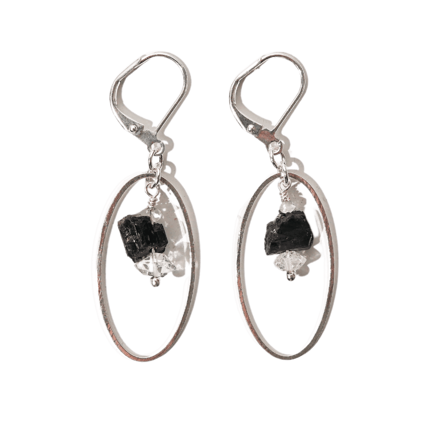 close up view of oval hoop earrings with genuine Black Tourmaline and Herkimer Diamond stones by Energy Muse