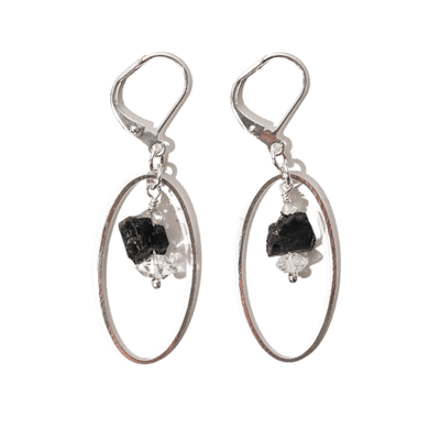 close up view of oval hoop earrings with genuine Black Tourmaline and Herkimer Diamond stones by Energy Muse
