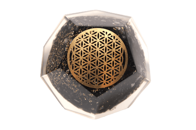 Front view of Black Tourmaline Orgone Dodecahedron with metal Flower of Life decor by Energy Muse