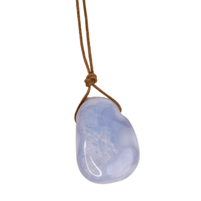 close up product view of genuine Blue Lace Agate pendant necklace by Energy Muse