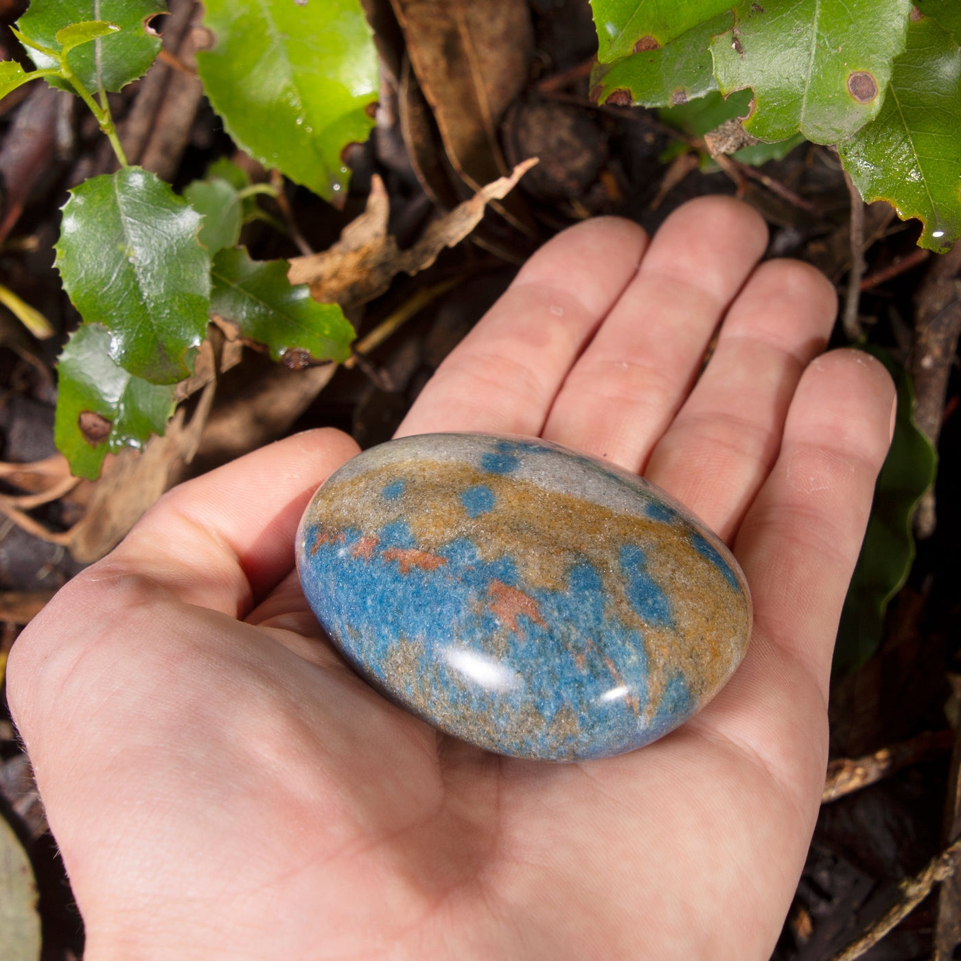 Man holding a Blue Manganese in Quartz touchstone in garden by Energy Muse