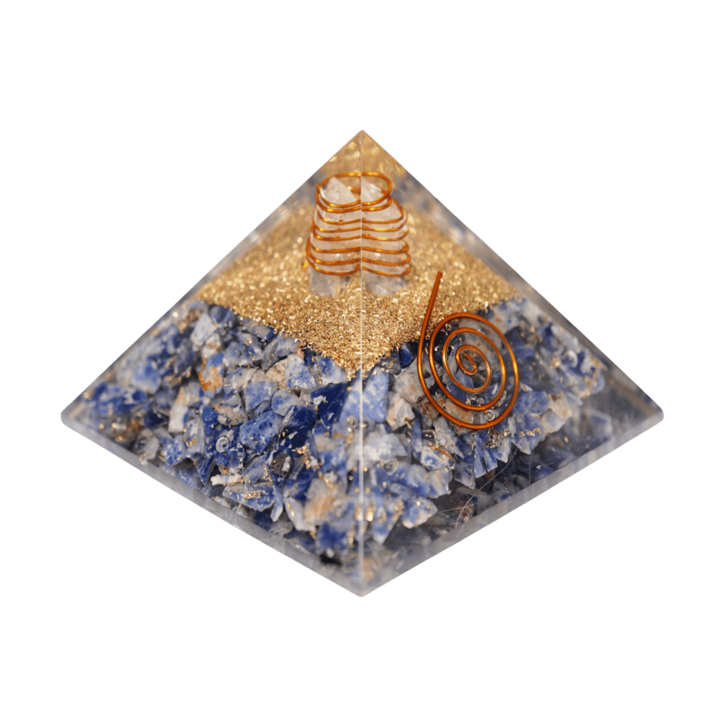 45 degree view of Orgone Pyramid by Energy Muse, with genuine Sodalite. crystal chips, Clear Quartz, and spiraled brass wire. 